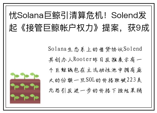 忧Solana巨鲸引清算危机！Solend发起《接管巨鲸帐户权力》提案，获9成同意